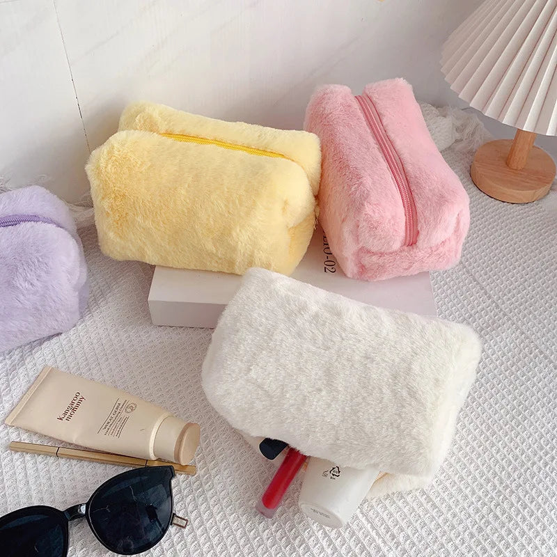 Faux Fur “Teddy” Cosmetics Bag / Travel Bag / Makeup Bag. Zip Closure. Brand New